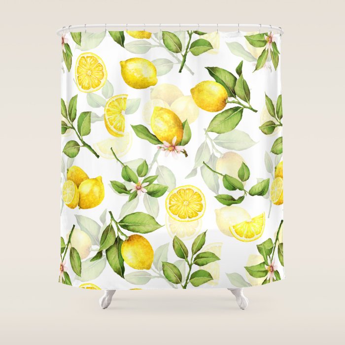 Mediterranean Summer Lemon Branches On White Shower Curtain