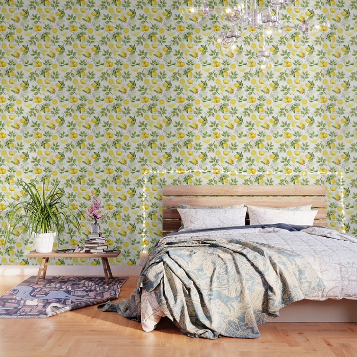Mediterranean Summer Lemon Branches On White Wallpaper