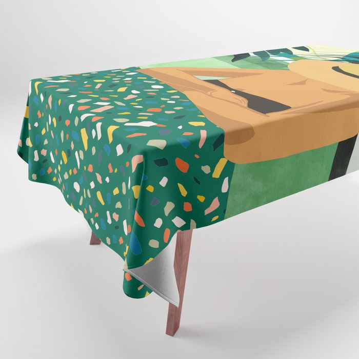 Chill, Modern Bohemian Black Woman Travel Illustration | Terrazzo Tropical Swimming Pool Fashion Tablecloth