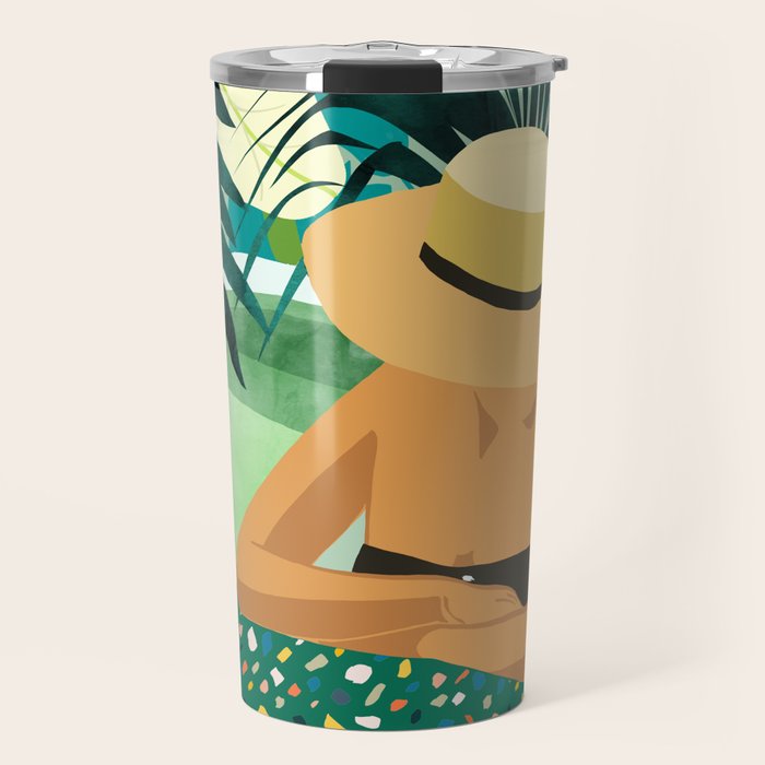 Chill, Modern Bohemian Black Woman Travel Illustration | Terrazzo Tropical Swimming Pool Fashion Travel Mug