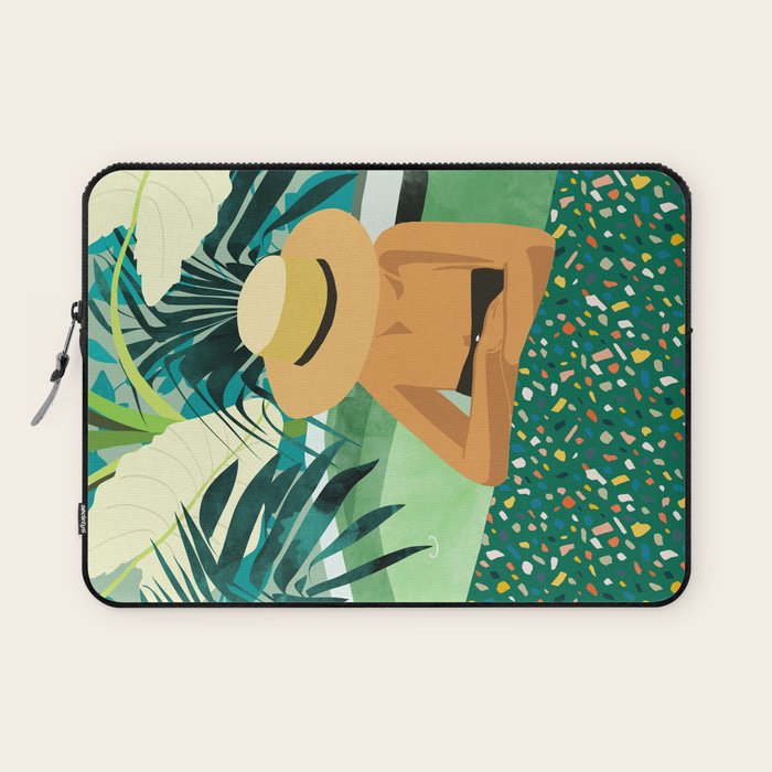 Chill, Modern Bohemian Black Woman Travel Illustration | Terrazzo Tropical Swimming Pool Fashion Laptop Sleeve