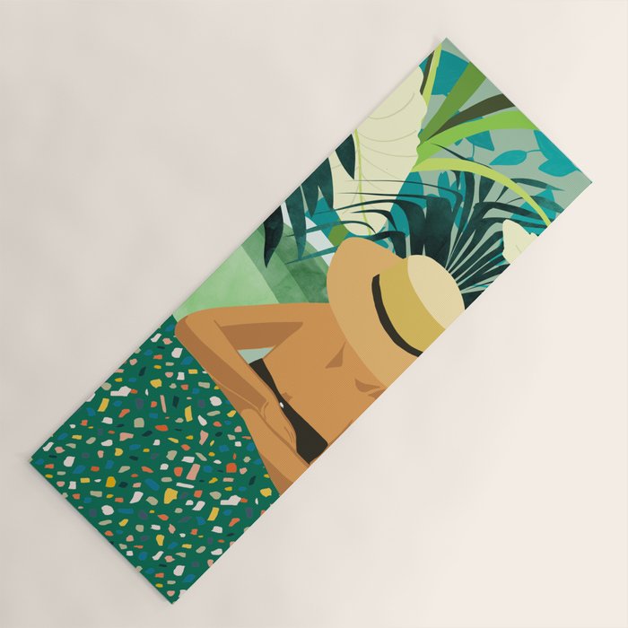 Chill, Modern Bohemian Black Woman Travel Illustration | Terrazzo Tropical Swimming Pool Fashion Yoga Mat