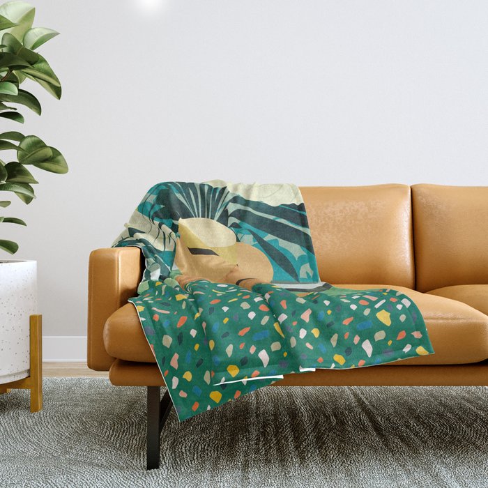 Chill, Modern Bohemian Black Woman Travel Illustration | Terrazzo Tropical Swimming Pool Fashion Throw Blanket