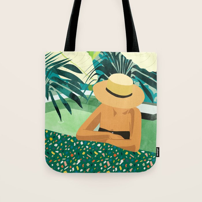 Chill, Modern Bohemian Black Woman Travel Illustration | Terrazzo Tropical Swimming Pool Fashion Tote Bag