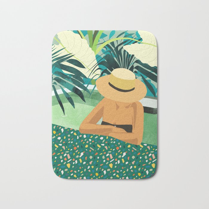 Chill, Modern Bohemian Black Woman Travel Illustration | Terrazzo Tropical Swimming Pool Fashion Bath Mat