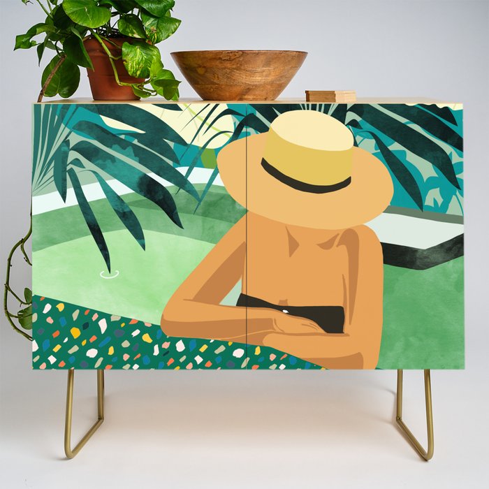 Chill, Modern Bohemian Black Woman Travel Illustration | Terrazzo Tropical Swimming Pool Fashion Credenza