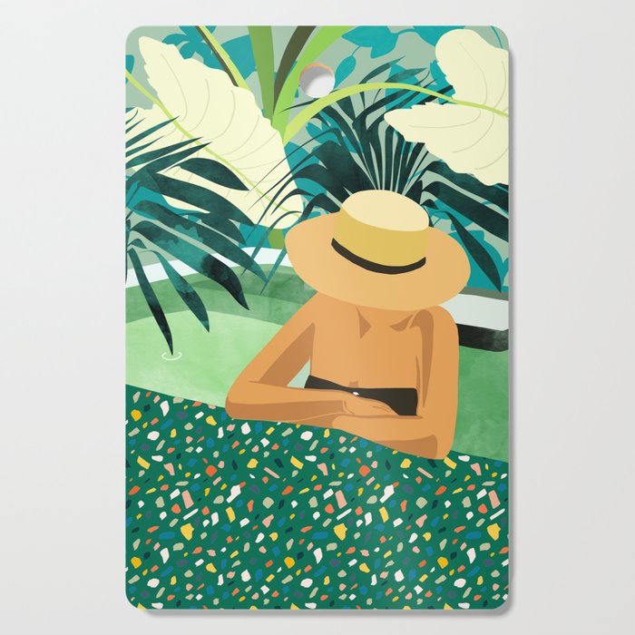 Chill, Modern Bohemian Black Woman Travel Illustration | Terrazzo Tropical Swimming Pool Fashion Cutting Board