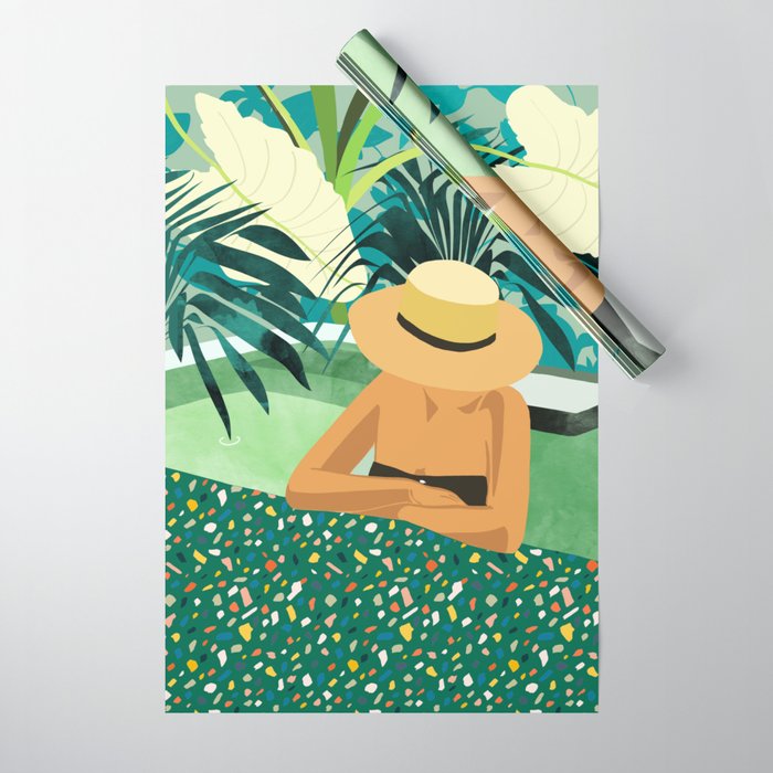 Chill, Modern Bohemian Black Woman Travel Illustration | Terrazzo Tropical Swimming Pool Fashion Wrapping Paper