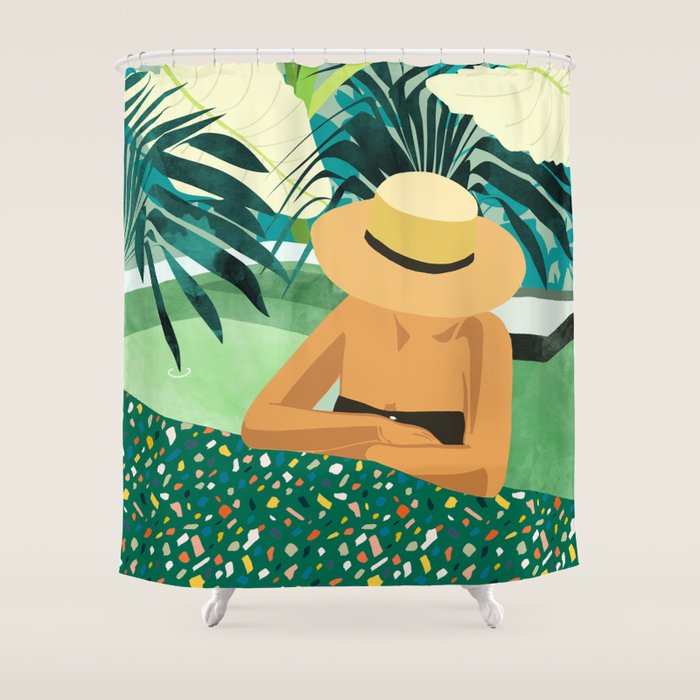 Chill, Modern Bohemian Black Woman Travel Illustration | Terrazzo Tropical Swimming Pool Fashion Shower Curtain