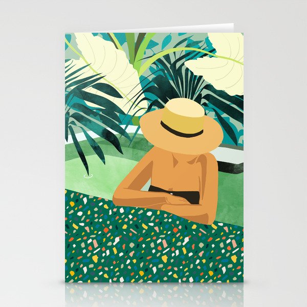 Chill, Modern Bohemian Black Woman Travel Illustration | Terrazzo Tropical Swimming Pool Fashion Stationery Card