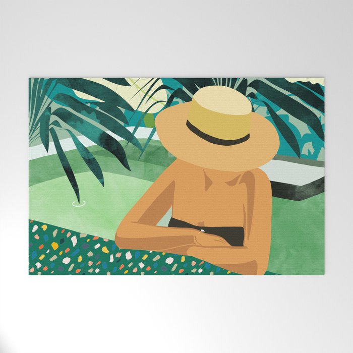 Chill, Modern Bohemian Black Woman Travel Illustration | Terrazzo Tropical Swimming Pool Fashion Welcome Mat