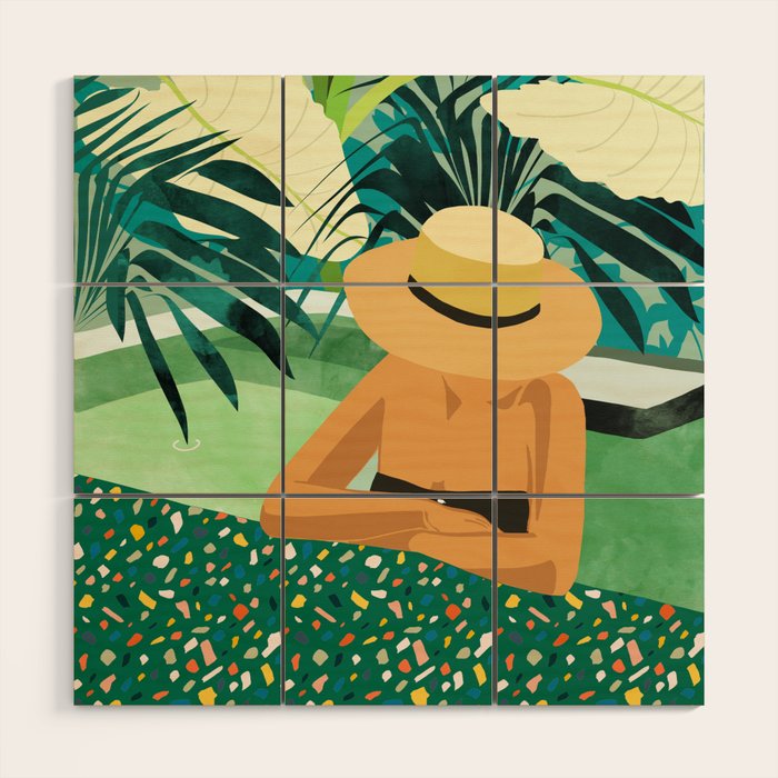 Chill, Modern Bohemian Black Woman Travel Illustration | Terrazzo Tropical Swimming Pool Fashion Wood Wall Art
