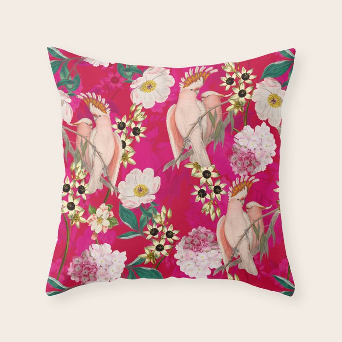 Vintage & Shabby Chic - Tropical Bird Flower Garden Throw Pillow