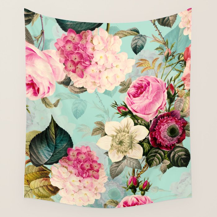 Vintage & Shabby Chic - Summer Teal Roses Flower Garden Wall Tapestry