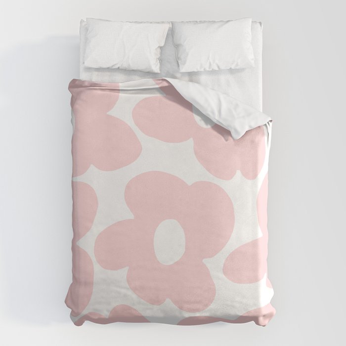 Large Baby Pink Retro Flowers On White Background #Decor #Homestorie #Buyart Duvet Cover