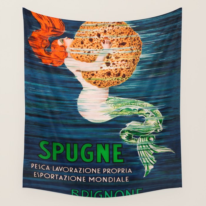 Mermaid With Sponge Vintage Poster Wall Tapestry