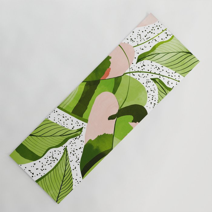 Blushing Leaves Watercolor Painting, Colorful Botanical Illustration, Tropical Modern Bohemian Yoga Mat