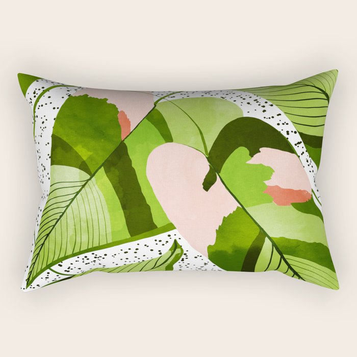 Blushing Leaves Watercolor Painting, Colorful Botanical Illustration, Tropical Modern Bohemian Rectangular Pillow
