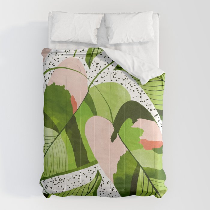 Blushing Leaves Watercolor Painting, Colorful Botanical Illustration, Tropical Modern Bohemian Comforter