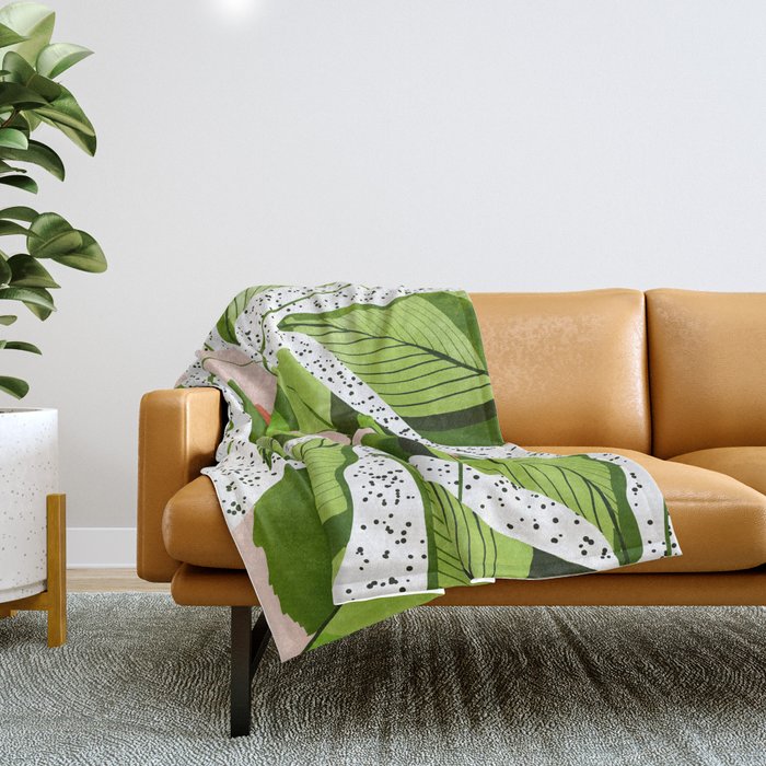 Blushing Leaves Watercolor Painting, Colorful Botanical Illustration, Tropical Modern Bohemian Throw Blanket