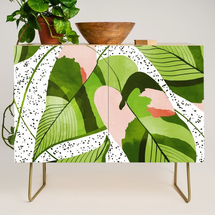 Blushing Leaves Watercolor Painting, Colorful Botanical Illustration, Tropical Modern Bohemian Credenza