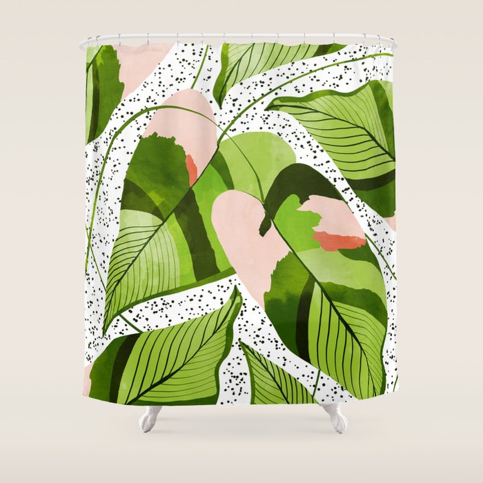 Blushing Leaves Watercolor Painting, Colorful Botanical Illustration, Tropical Modern Bohemian Shower Curtain