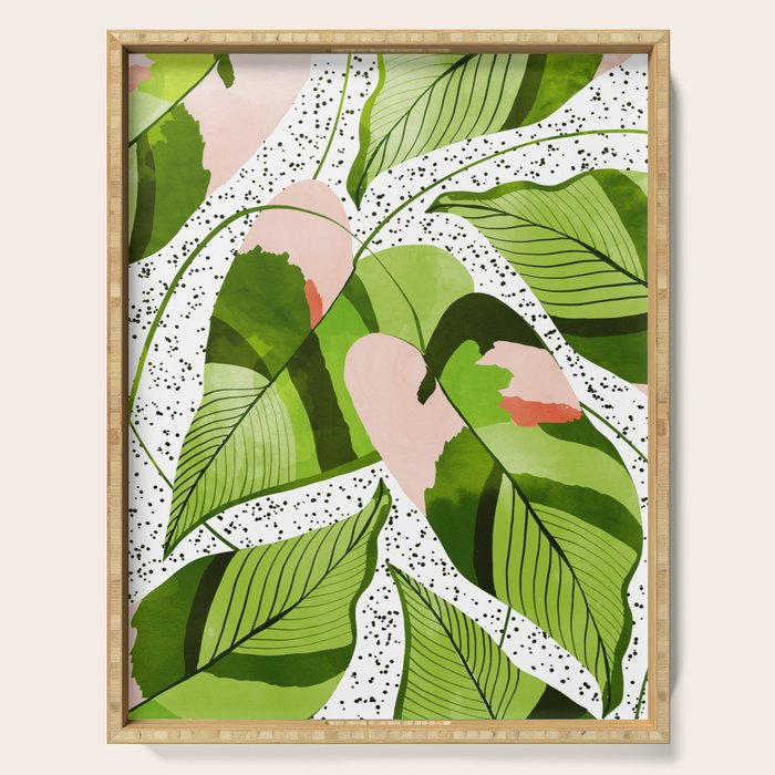 Blushing Leaves Watercolor Painting, Colorful Botanical Illustration, Tropical Modern Bohemian Serving Tray