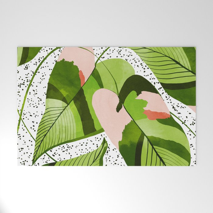 Blushing Leaves Watercolor Painting, Colorful Botanical Illustration, Tropical Modern Bohemian Welcome Mat