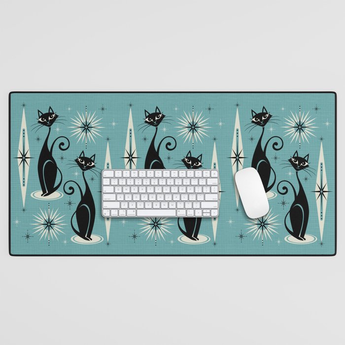 Mid Century Meow Retro Atomic Cats On Blue Desk Mat