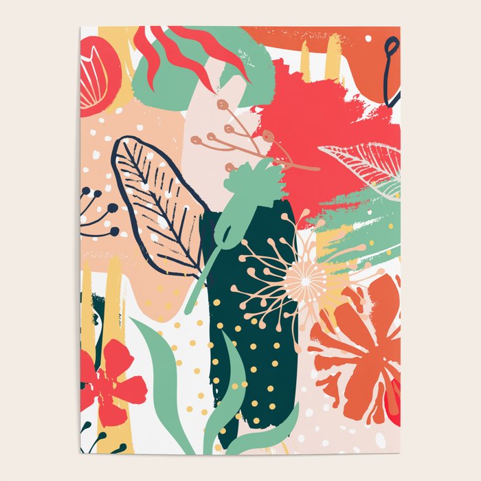 Summer Floral Prints, Abstract, Red And Green, Colourful Prints. Poster