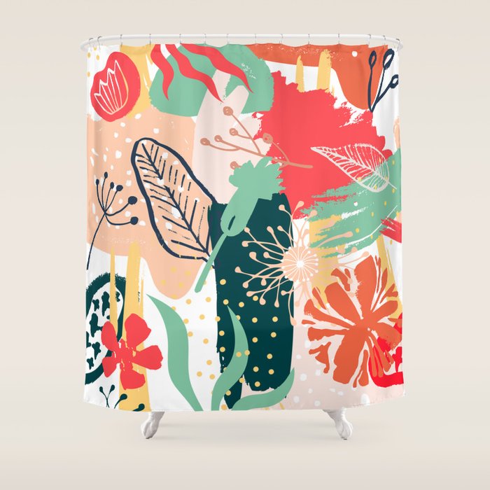 Summer Floral Prints, Abstract, Red And Green, Colourful Prints. Shower Curtain