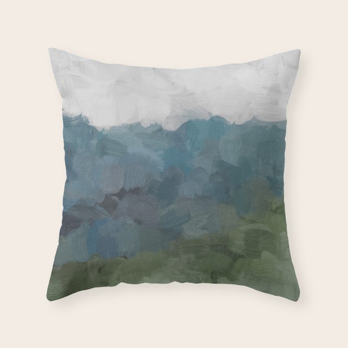 Journey Into The Mountains - Gray Blue Navy Indigo Sage Leafy Green Sky Forest Abstract Painting, Throw Pillow