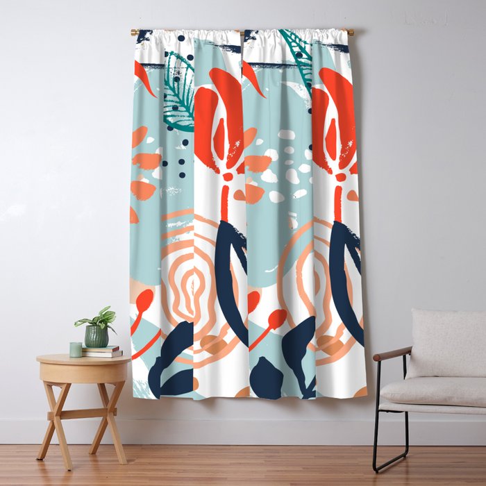 Summer Abstract, Floral Prints, Orange, Teal, Blue, Colourful Prints. Window Curtain