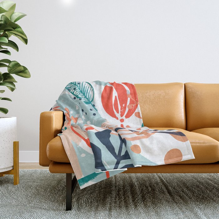 Summer Abstract, Floral Prints, Orange, Teal, Blue, Colourful Prints. Throw Blanket