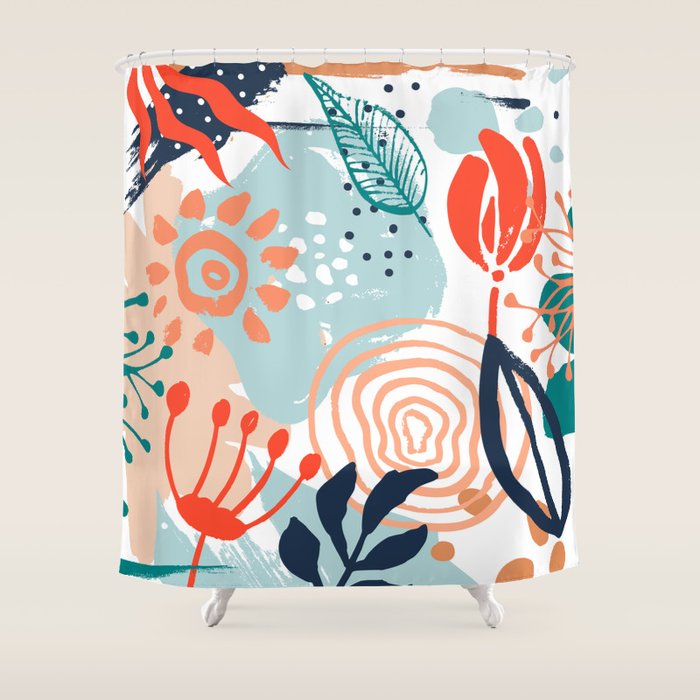 Summer Abstract, Floral Prints, Orange, Teal, Blue, Colourful Prints. Shower Curtain