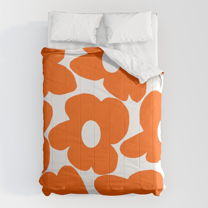 Orange Retro Flowers White Background #Decor #Homestorie #Buyart Comforter