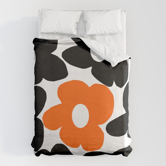 Large Orange And Black Retro Flowers White Background #Decor #Homestorie #Buyart Duvet Cover