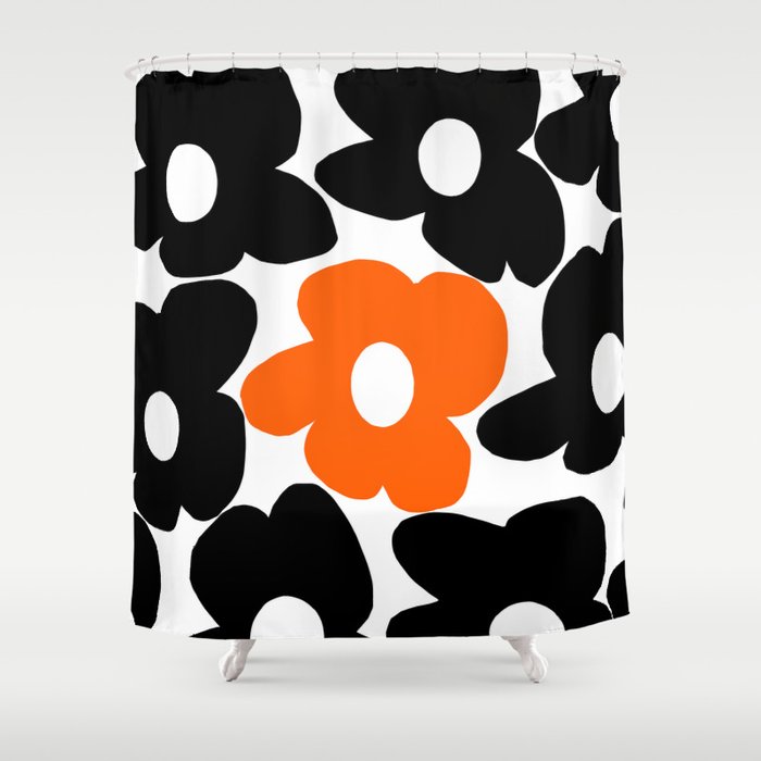Large Orange And Black Retro Flowers White Background #Decor #Homestorie #Buyart Shower Curtain