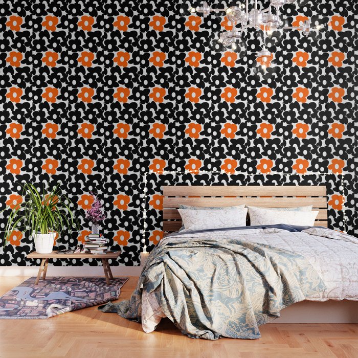 Large Orange And Black Retro Flowers White Background #Decor #Homestorie #Buyart Wallpaper