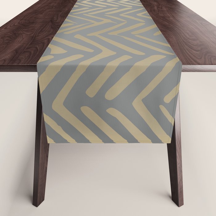 Herringbone, Boho, Mudcloth Pattern, Grey And Gold Table Runner