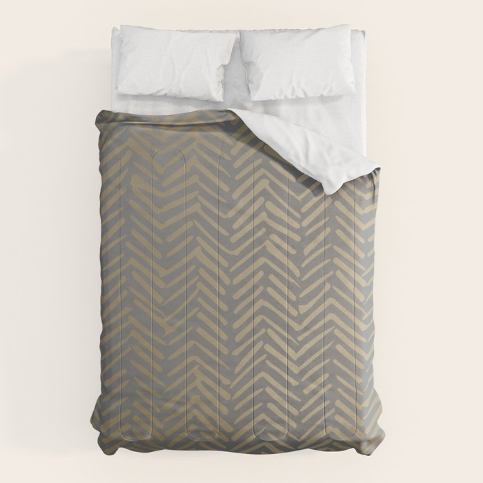 Herringbone, Boho, Mudcloth Pattern, Grey And Gold Comforter
