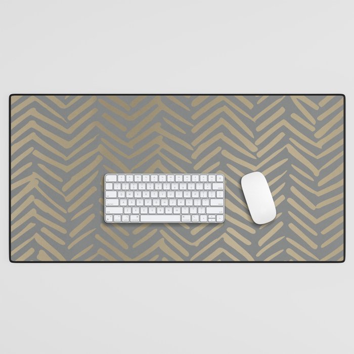 Herringbone, Boho, Mudcloth Pattern, Grey And Gold Desk Mat