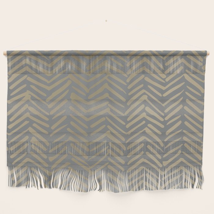 Herringbone, Boho, Mudcloth Pattern, Grey And Gold Wall Hanging