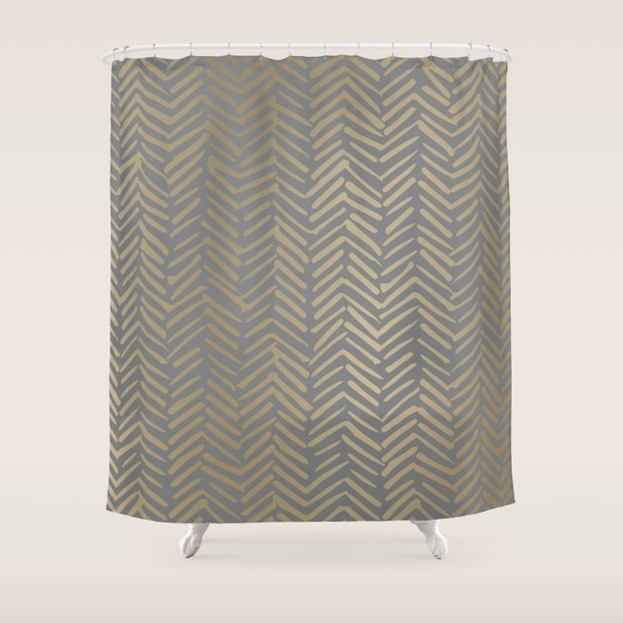 Herringbone, Boho, Mudcloth Pattern, Grey And Gold Shower Curtain