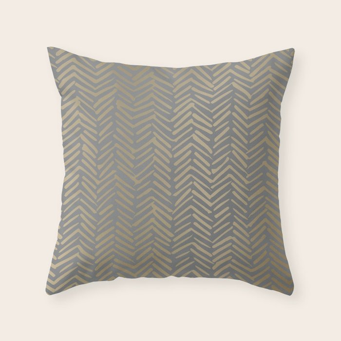 Herringbone, Boho, Mudcloth Pattern, Grey And Gold Throw Pillow