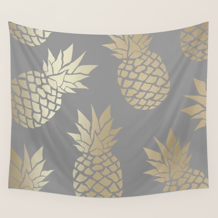 Glam Pineapple Art In Gray And Gold Wall Tapestry
