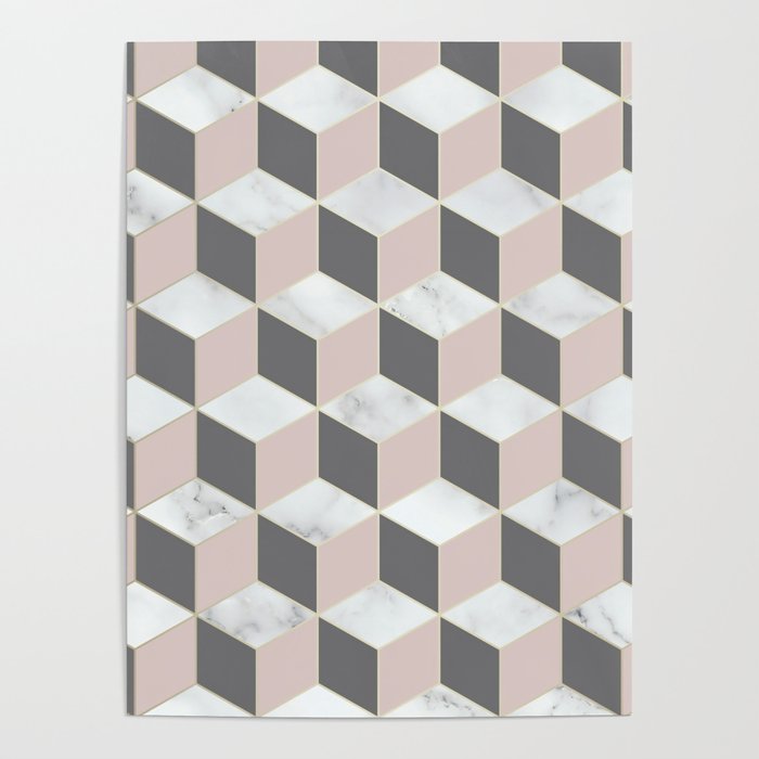 Geometric Art, Marble, Blush Pink, Gray, Abstract Art Poster
