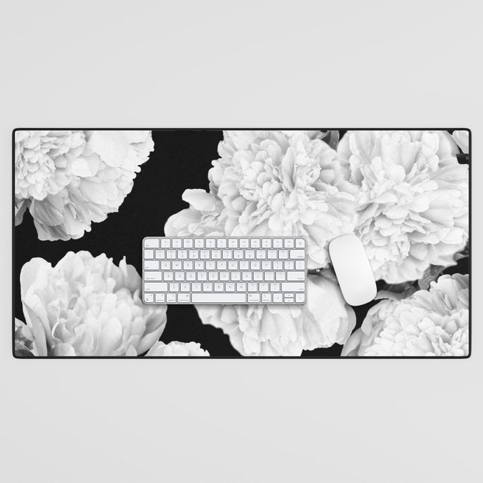 White Peony Flowers Black Background #Decor #Homestorie #Buyart Desk Mat