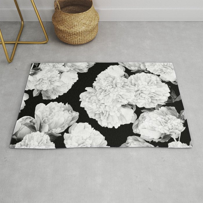 White Peony Flowers Black Background #Decor #Homestorie #Buyart Rug