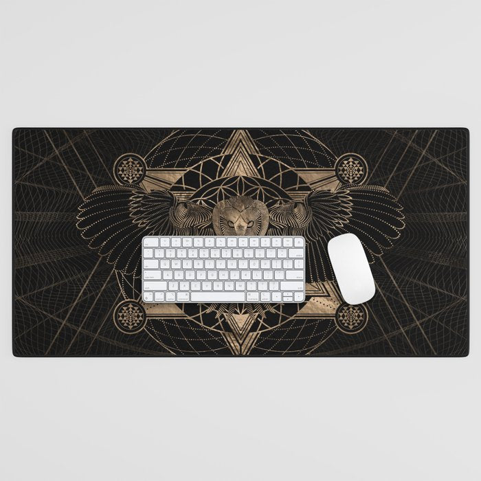 Owl In Sacred Geometry Composition - Black And Gold Desk Mat